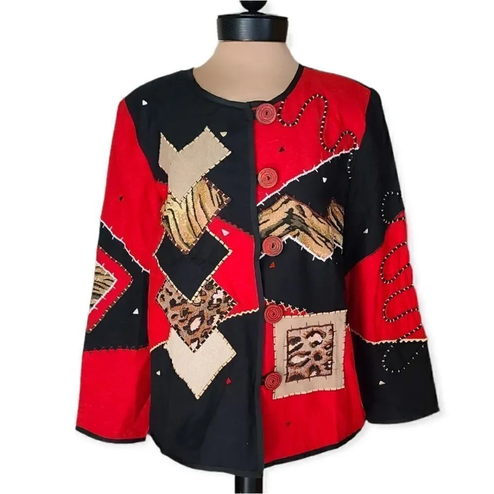 VINTAGE Indigo Moon Art Embroidered Red and Black Jacket Size Medium